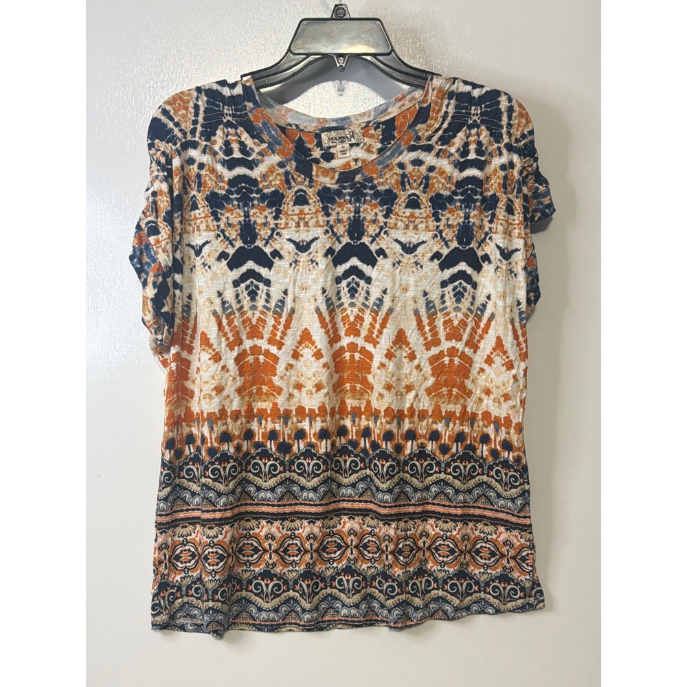 One World Live and Let Live Navy Orange Tie Dye Paisley Top Medium